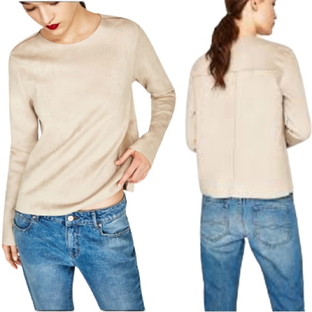 Zara Basic Faux Suede Raw Hem Top Size Large
